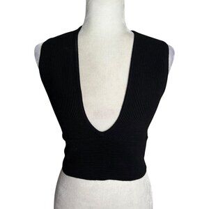 House Of Harlow 1960 Ribbed Sleeveless Crop Top Medium Black Deep V-Neck